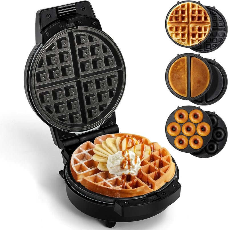 UVFAST Mini Waffles Maker with 6 Removable Plates, 3 in 1 Small Waffle Maker Mini- Waffle, Pancake, Donut, 6" Non Stick Waffle Iron for Kids and Families, Black - Image 1